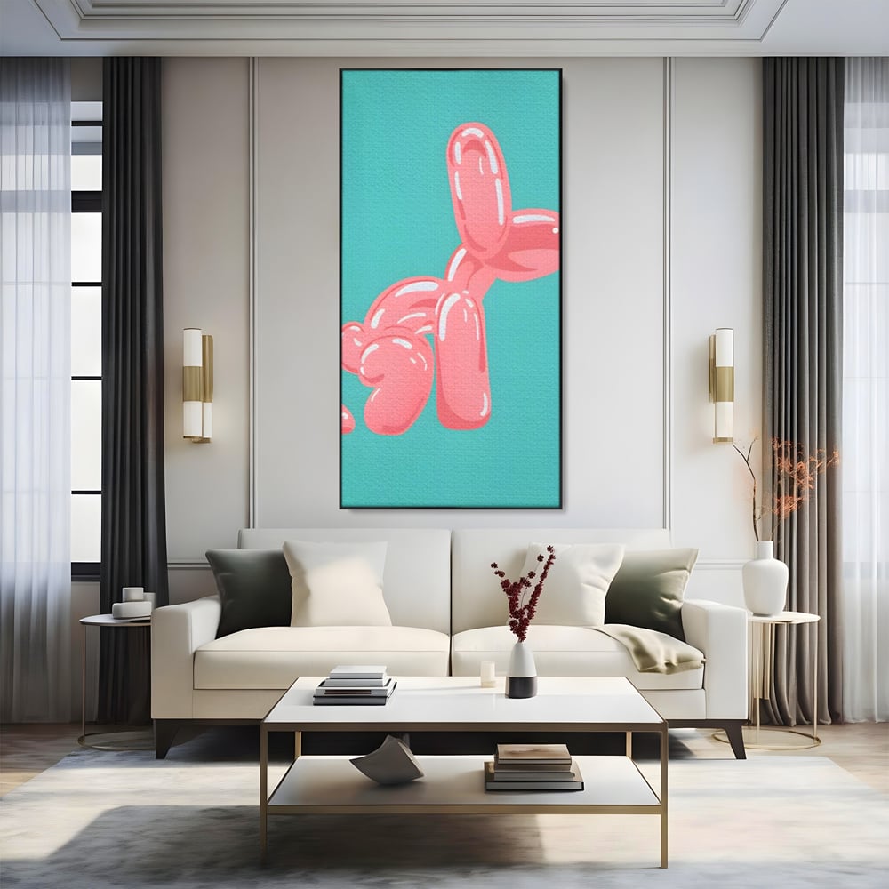 Tablou canvas cu ilustratie caine balon roz, in rama de aluminiu negru, pe perete intr-un living